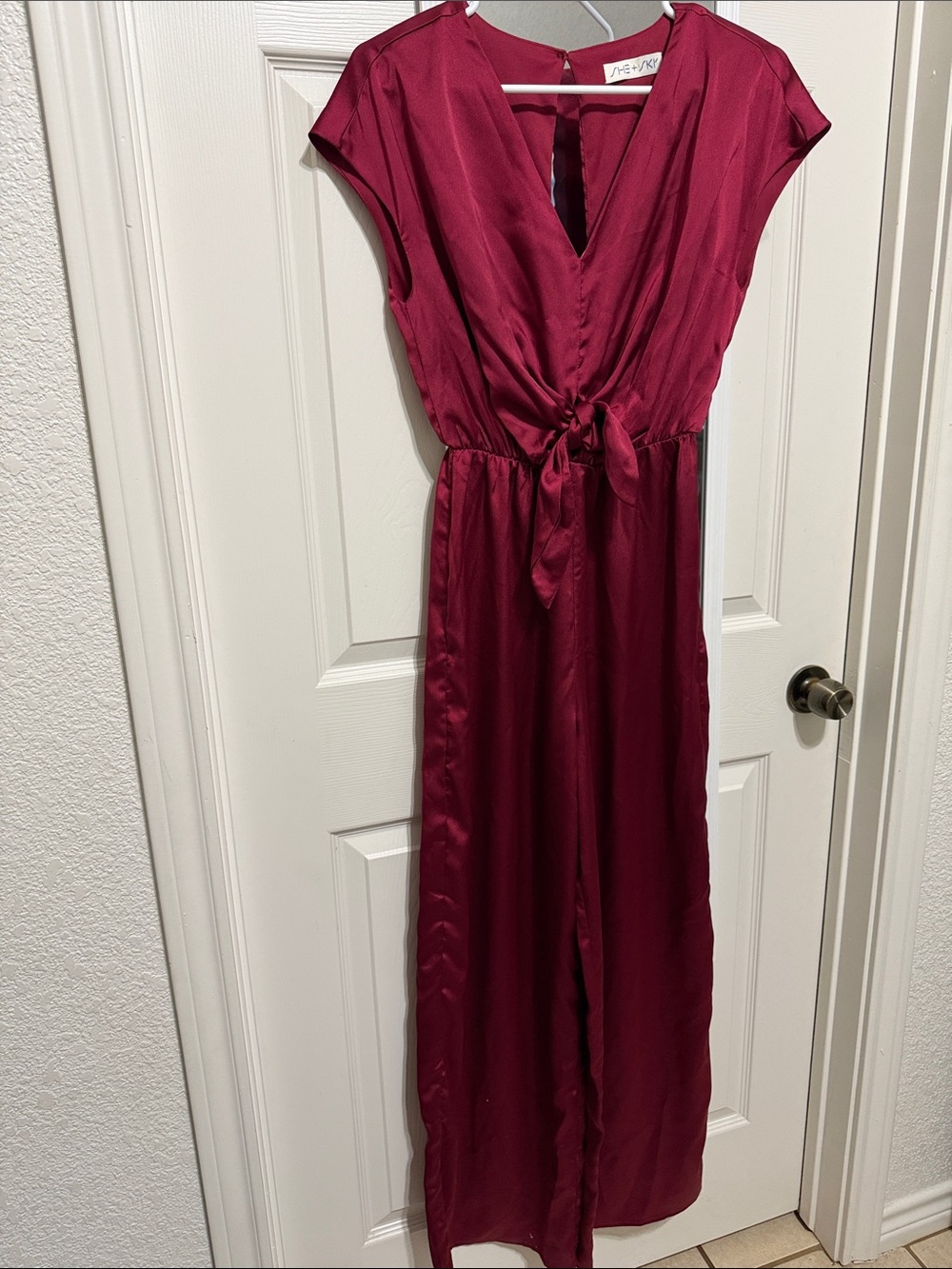 She + Sky Burgundy V-Neck Jumpsuit with Tie Waist